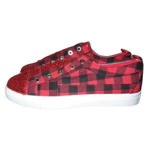 BUFFALO Plaid Red & Black Checked Canvas Slip On Glitter Sparkle Sneakers size 8